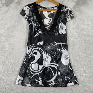 Vintage Y2K Wrapper Chiffon Floral Wrap Dress Womens Large Black White Tie Back